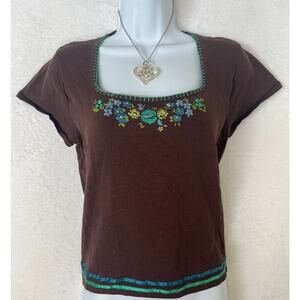 August Silk Brown Embroidered Short Sleeve Sweater Top Y2K sz XL Phoebe Buffay